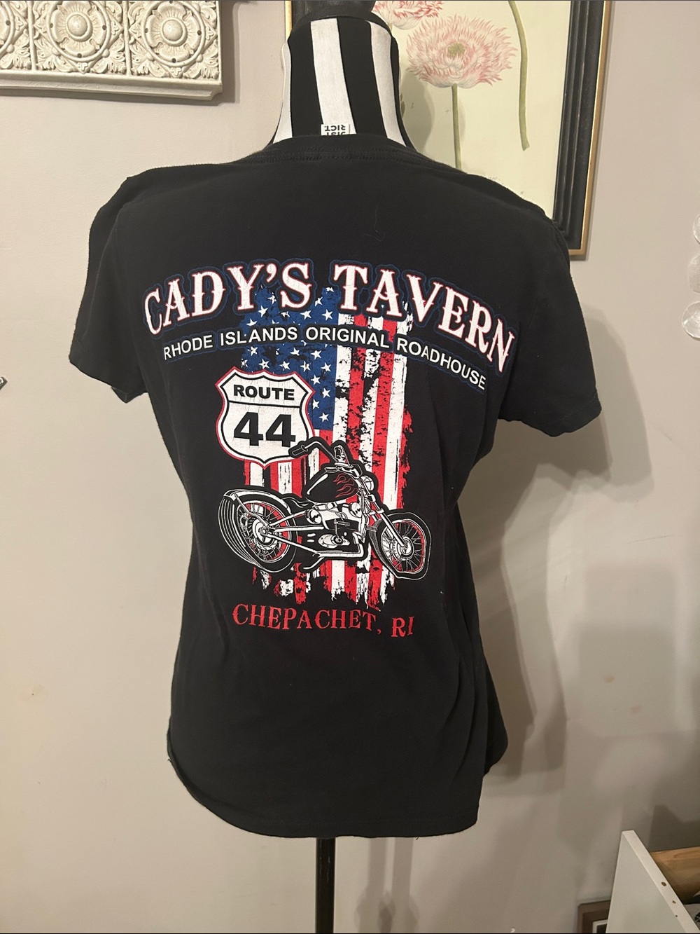 Woman’s Cadys Tavern Black Graphic Tee - Route 44 Motorcycle Design - Picture 1 of 4